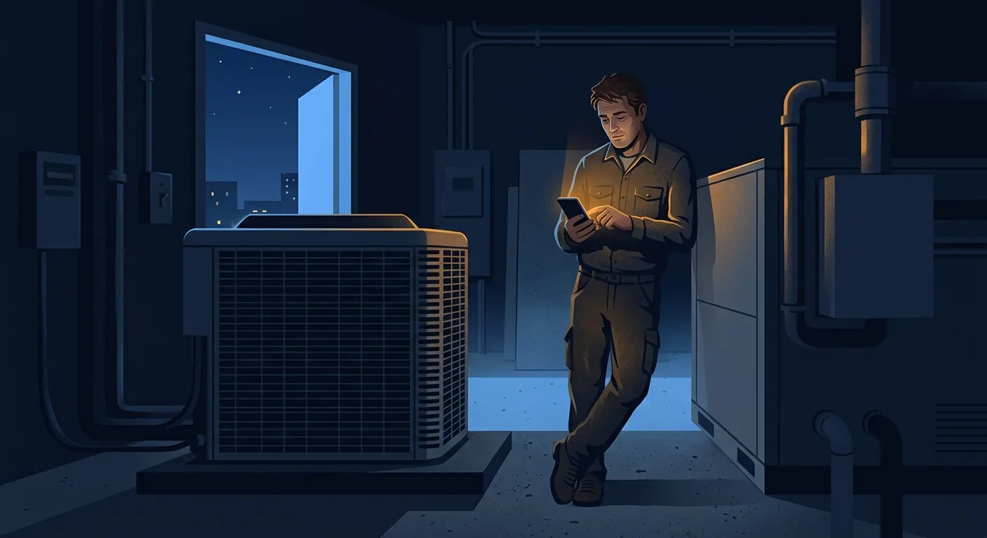 Illustration of a technician checking a phone next to a condensing unit at night