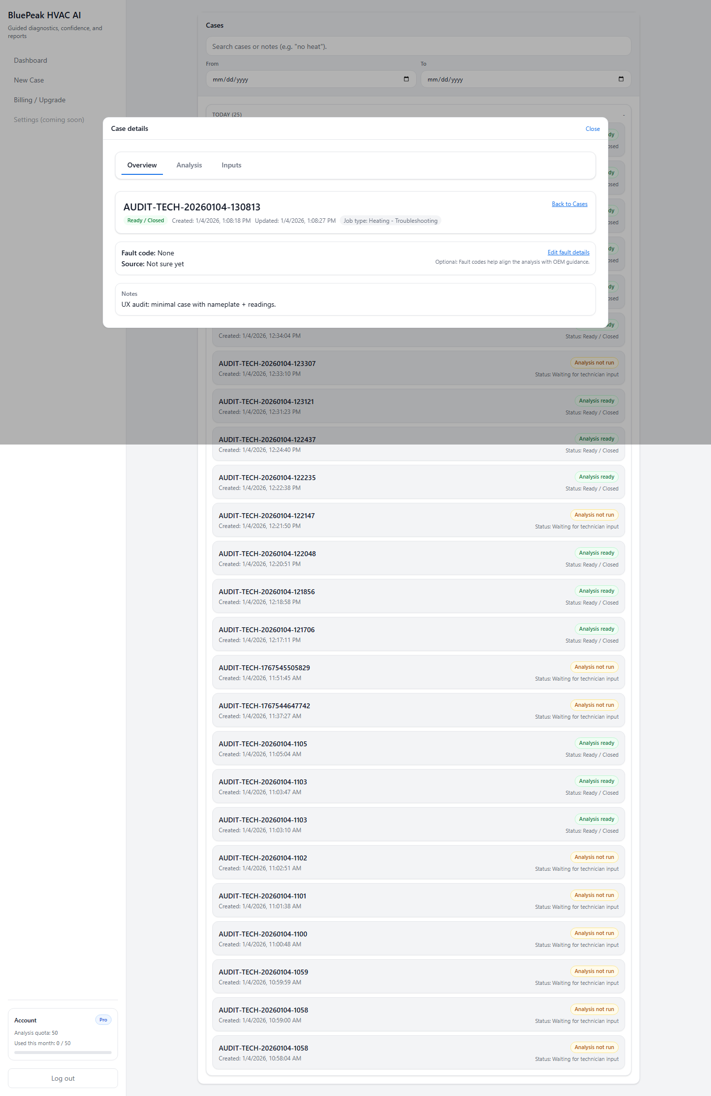 BluePeak case overview screen